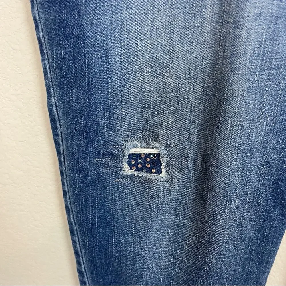 Chico's Blue Denim Floral & Patch  Embellished Ankle Jeans 3 - Picture 3 of 10